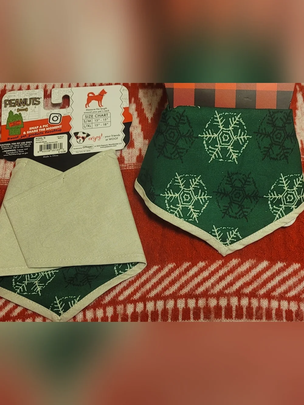 Peanuts, Snoopy Reindeer Run Bandana, Cream And Green